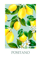 Watercolor poster with yellow lemons and flowers on blue background in Italian style