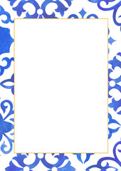 Watercolor frame with blue and yellow tiles and lemon branches with green leaves. Traditional mediterranean style, floral frames, invitation, party