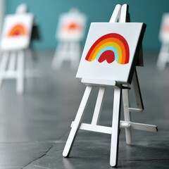 kids art craft and collage concept. Easel with a colorful rainbow painting in an artistic setting.