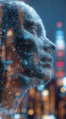 Futuristic AI Hologram: 3D Wireframe Human Head Projection Amidst Digital Code and Data. Abstract Blue Tech Background with Holographic Cityscape for Business Presentations, Fintech Innovations, and A