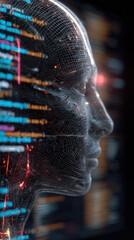 Futuristic AI Hologram: 3D Wireframe Human Head Projection Amidst Digital Code and Data. Abstract Blue Tech Background with Holographic Cityscape for Business Presentations, Fintech Innovations, and A