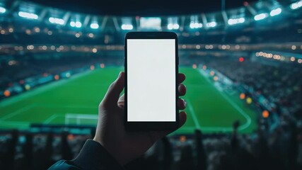 Hand holding smartphone with blank screen inside illuminated sports stadium, night match atmosphere, concept of digital fan experience, mobile sports apps, live score updates. Banner with copy space