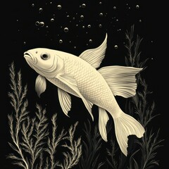 Goldfish swimming gracefully among aquatic plants in a serene underwater environment