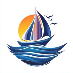 Colorful sailboat sailing on serene waters at sunset with birds soaring overhead