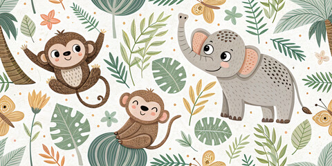 Fototapeta premium seamless jungle animals background with monkeys, elephants and leaves, kids wallpaper