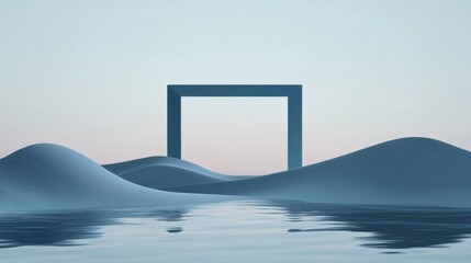 Abstract landscape with a rectangular frame over undulating hills and reflective water under a clear sky