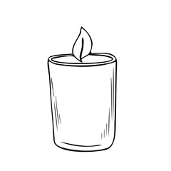 Vector illustration of burning aromatic candle in glass jar. Etching drawing of Christmas or meditative natural element. For spa branding, wellness products, home decor, mindful relaxation themes