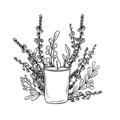 Burning candle in glass jar and heather, boxwood branches monochrome vector illustration. Etching drawing of holiday composition for festive design, wellness branding, nature packaging