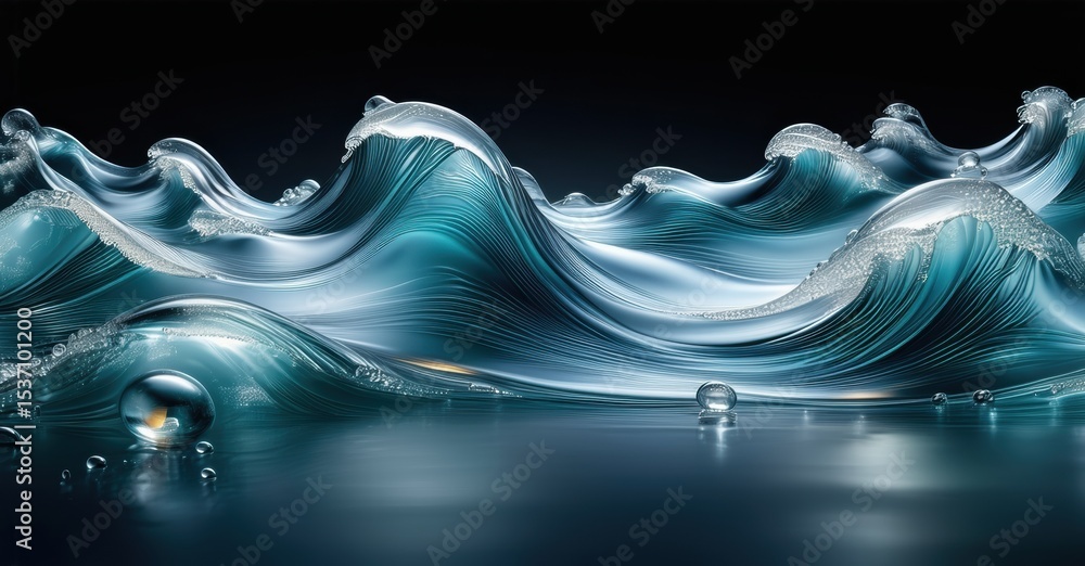 Poster Fluid waves ripple, reflecting light. Water droplets rest upon dark surface. Cool tones dominate composition, creating serene effect.