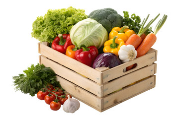 Wooden box with vegtables isolated on white or transparent background