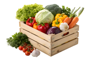 Wooden box with vegtables isolated on white or transparent background