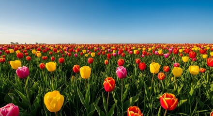 colorful meadow filled with tulips and blue sky