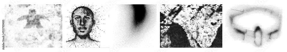 Poster vector abstract portraits composed of scattered dots create a fragmented human representation.