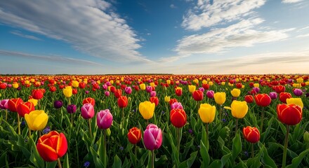 colorful meadow filled with tulips and blue sky