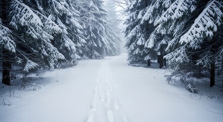 snowy forest path with fresh footprints