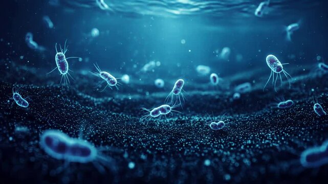 3D animation: Swarm of glowing blue bioluminescent Amoebas microorganisms with tendrils drift over dark seabed. Deep underwater, particles, ethereal. Science, abstract.