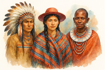 Three indigenous people in traditional clothing celebrating cultural heritage, watercolor illustration  