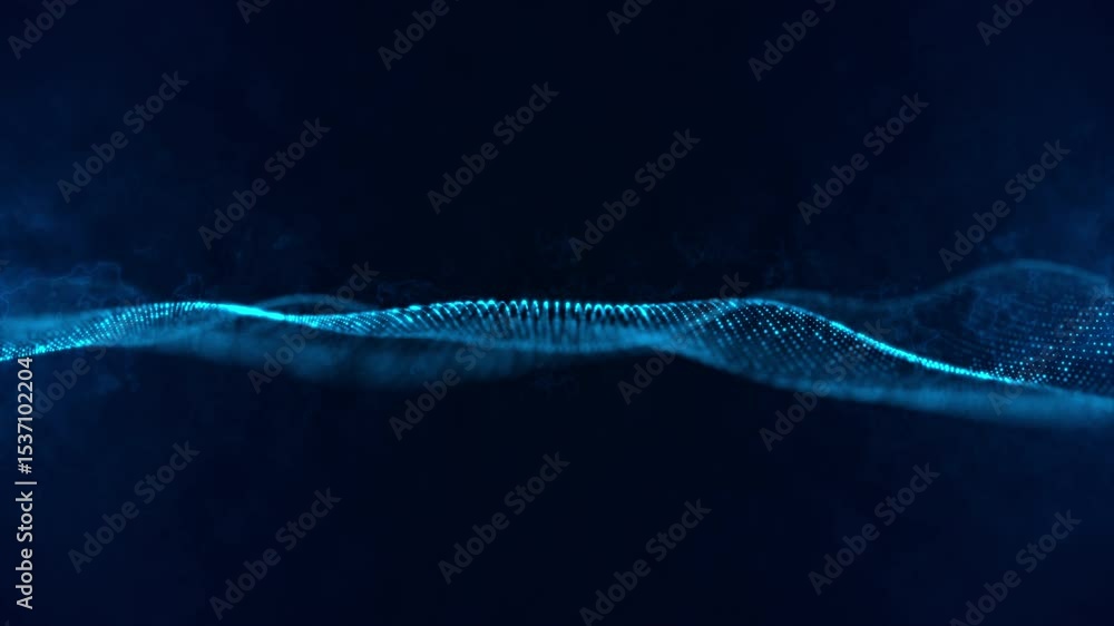 Poster abstract blue wavy particle stream flowing on dark background video