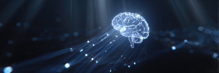 Illuminated Blue Digital Brain Surrounded by Glowing Data Streams: Symbol of AI Power and Knowledge Creation. Abstract Tech Background for Posters, Banners, Book Covers, and Business Presentations on 
