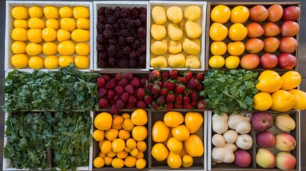 Vibrant Colorful Fruit and Vegetable Crate Arrangement