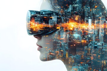 Futuristic Woman with Virtual Reality Glasses Overlaying a Dazzling Cityscape