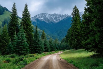 Fototapeta premium Dirt road winds through lush trees mountains capped with snow in background overcast sky above