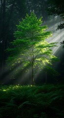 Obraz premium Radiant Tree Embraced by Sunlight in a Forest Glade