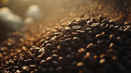 Heap of roasted coffee beans with a warm, golden light highlighting their texture and aroma.
