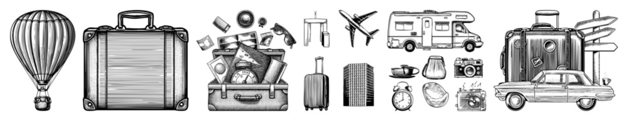 Vector Vintage travel featuring a hot air balloon suitcases and classic vehicles.