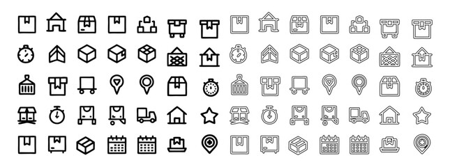 Shipping Fulfillment Trust Line Icon Set – 48 Minimalist Vector Pictograms for Delivery, Logistics & Warehouse Management – Thin Linear Illustrations for E-Commerce, Tracking & Supply Chain Apps SVG