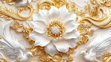 Opulent Floral Splendor: Exquisite White & Gold Patterns with Intricate Details – A Masterpiece of Ornate Design and Elegant Motifs