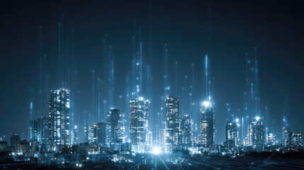 Futuristic Smart City Skyline: Blue and White Illuminated Urban Landscape with Digital Data Streams. Abstract Commercial Background for AI, Technology Innovation, and Intelligent Urban Planning Concep
