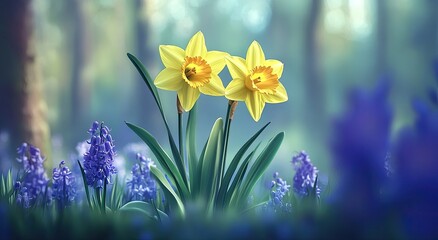 Obraz premium Two daffodils amidst a vibrant display of blue hyacinths in a serene woodland setting