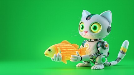 Fototapeta premium Robotic Cat with Goldfish Toy, Green Background.