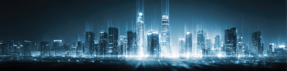 Futuristic Smart City Skyline: Blue and White Illuminated Urban Landscape with Digital Data Streams. Abstract Commercial Background for AI, Technology Innovation, and Intelligent Urban Planning Concep