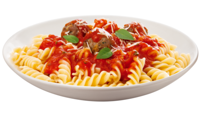 prato com macarrão ao molho de tomates frescos acompanhado de almôndegas de carne bovina e manjericão isolado em fundo transparente