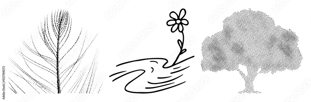 Poster vector botanical illustrations depict wheat flower and tree in stippled and linear styles.