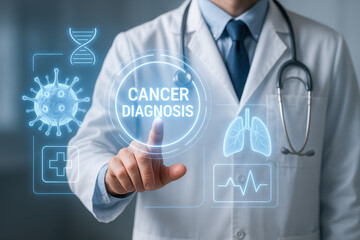 Cancer doctor uses hologram technology for advanced diagnosis and medical analysis in healthcare environment with digital lung scan and virus illustration on screen
