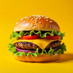 A burger with lettuce , tomato , onion and cheese on a yellow background