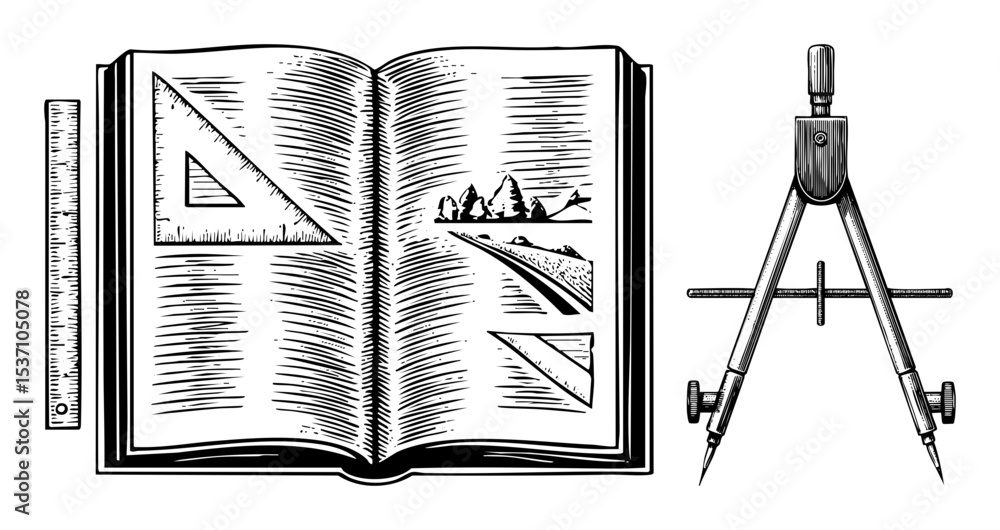 Poster vector open book with drafting tools and landscape .