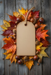 Autumn Harvest Tag: Blank kraft paper label nestled among vibrant fall leaves and acorns on rustic wood