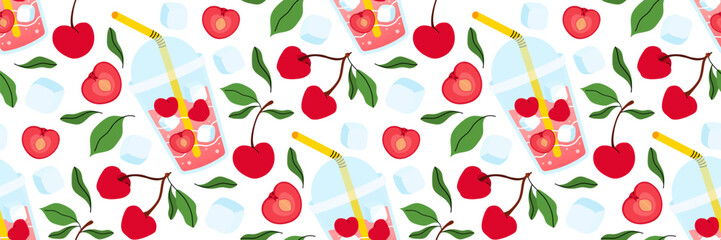Seamless pattern with fresh cherries lemonade on white background. Summer background for cafe menus. Take away summer drink. Berries, leaves, ice cubes. Food and drinks. Vector flat illustration.