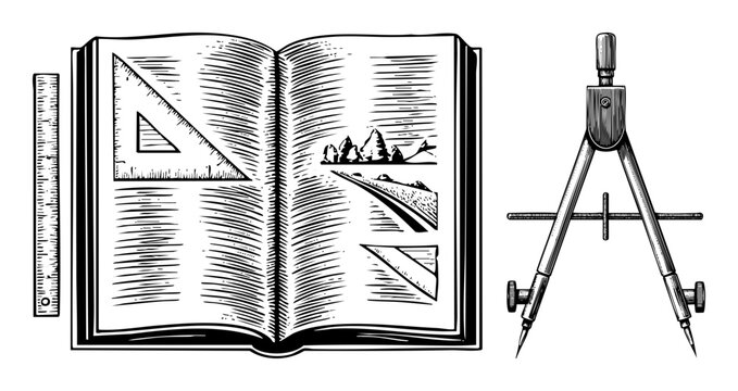 Vector Open book with drafting tools and landscape .