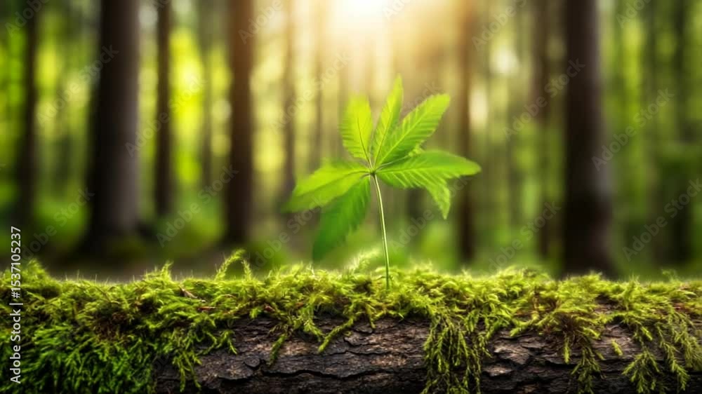 Aufkleber bright green leaf emerges from mossy log in forest setting generative ai