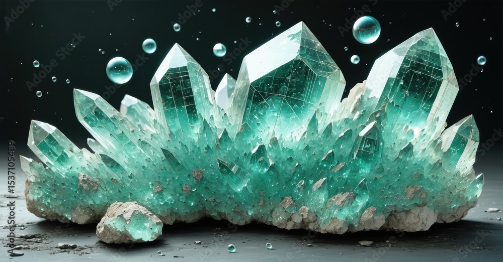 Poster vibrant aquamarine crystals cluster, showcasing sharp edges, translucent quality. water droplets enh