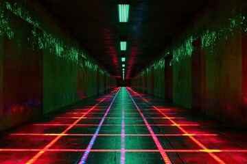 Fototapeta premium Neon-lit corridor, vibrant colors, futuristic, underground, abstract, long hallway, with glowing floor, and walls, creating a mysterious ambiance