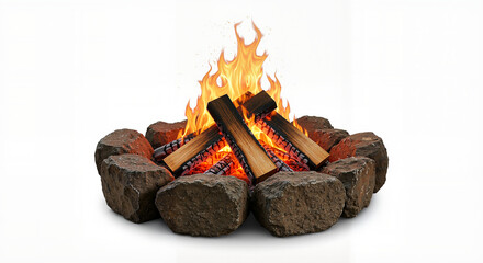 Logs burning in a fire pit surrounded by stones on a neutral background  