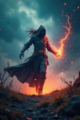 A blur of motion, arcane energy crackling around a sorcerous figure, leaving a trail of shimmering sparks as it dashes across a mystical landscape , sorcerer, wizard, glowing