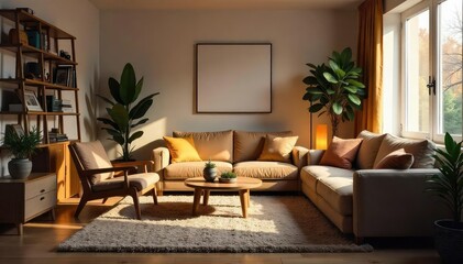 A cozy living room scene featuring a plush rug, warm lighting, and comfortable furniture, suggesting a relaxed and inviting atmosphere perfect for unwinding after a long day , pillows, warm