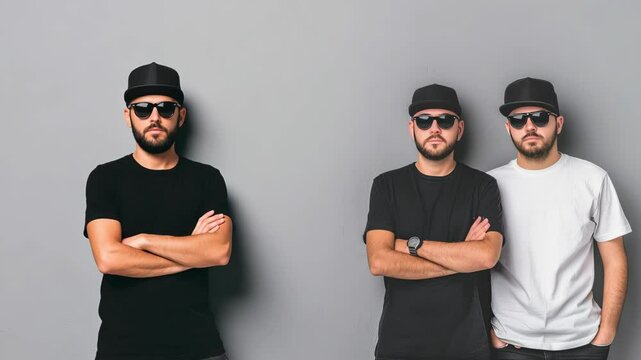 Two stylish people in matching hats and sunglasses pose confidently against a gray background, flaunting their urban fashion